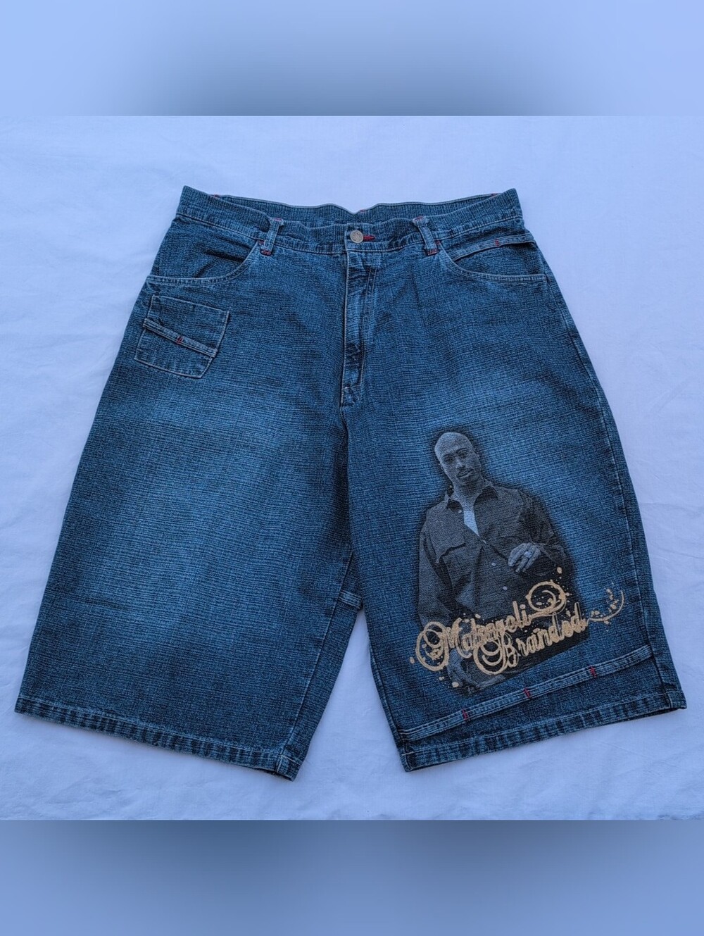 Vintage Makaveli Jean Shorts Mens 38x14 Dark Wash Jorts Tupac Hip Hop Rap Baggy